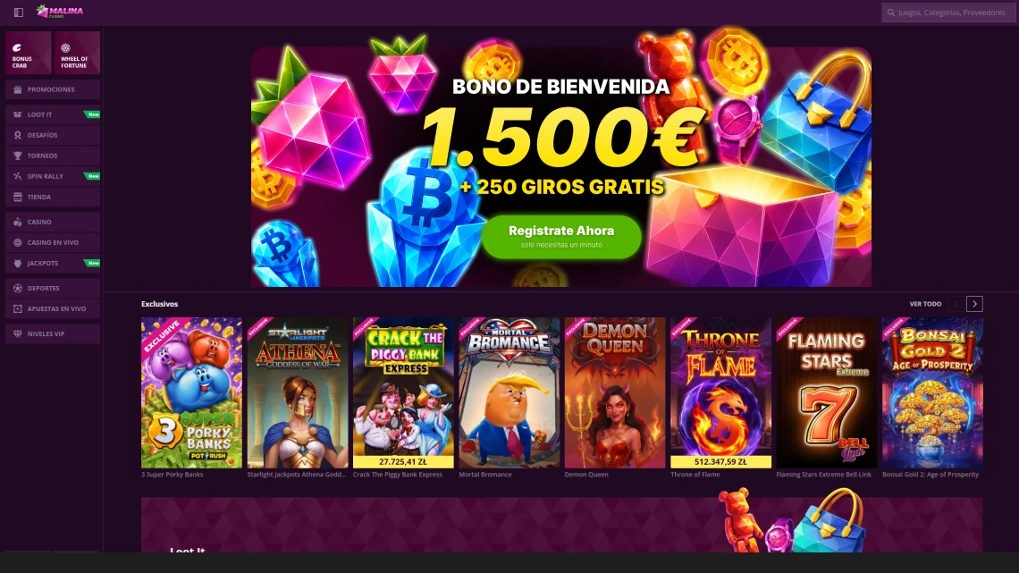 Interfaz del casino es-malina.es con tragaperras y juegos de mesa